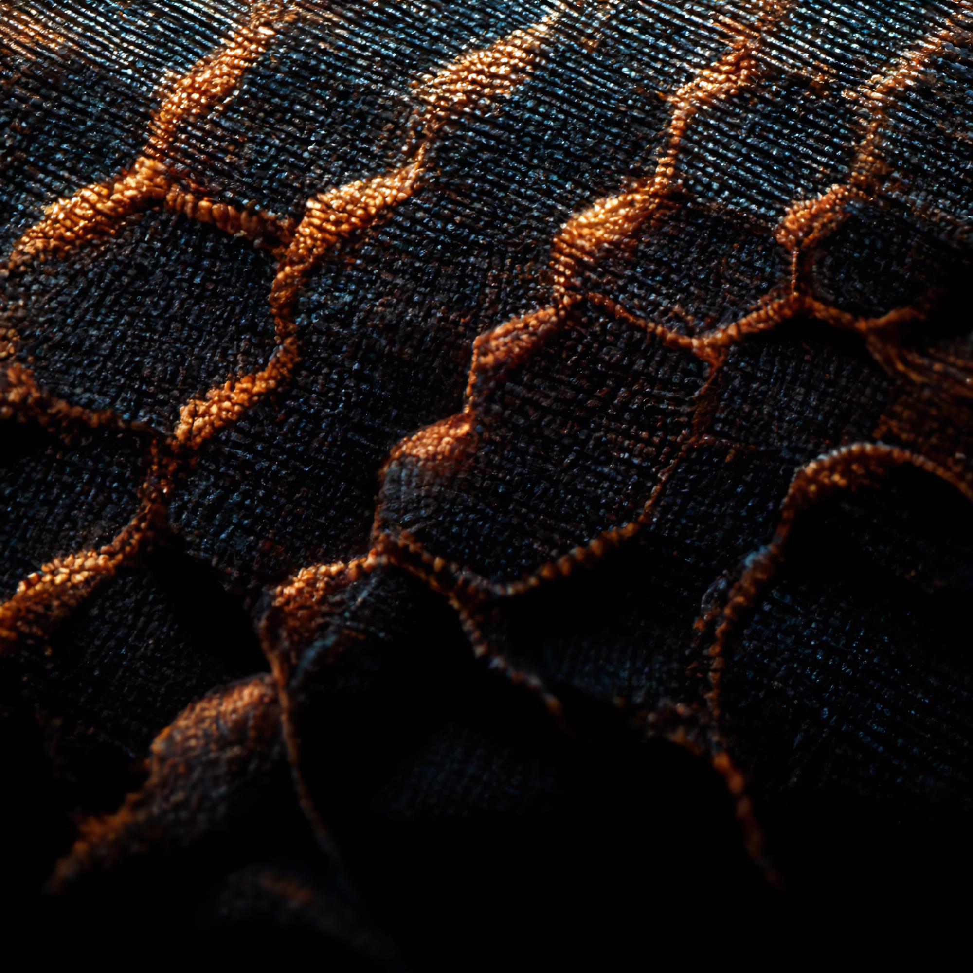Close-up of embroidered circuit motif on black fabric